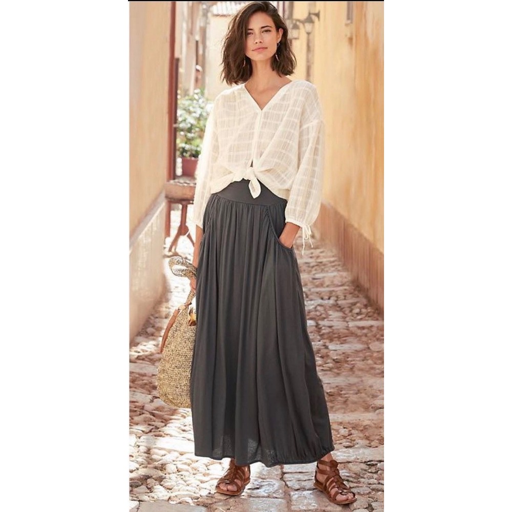 Garnet Hill Maxi Skirt Medium Gray Cotton Modal Elastic Waist Pockets Boho Flowy